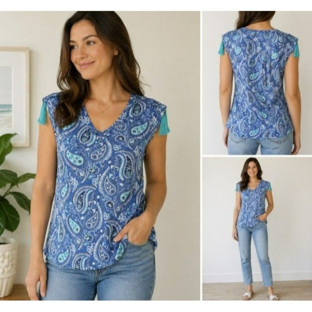 AMANA Boho Paisley Top Womens M Blue Tassel Sleeve V Neck Festival Summer Blouse